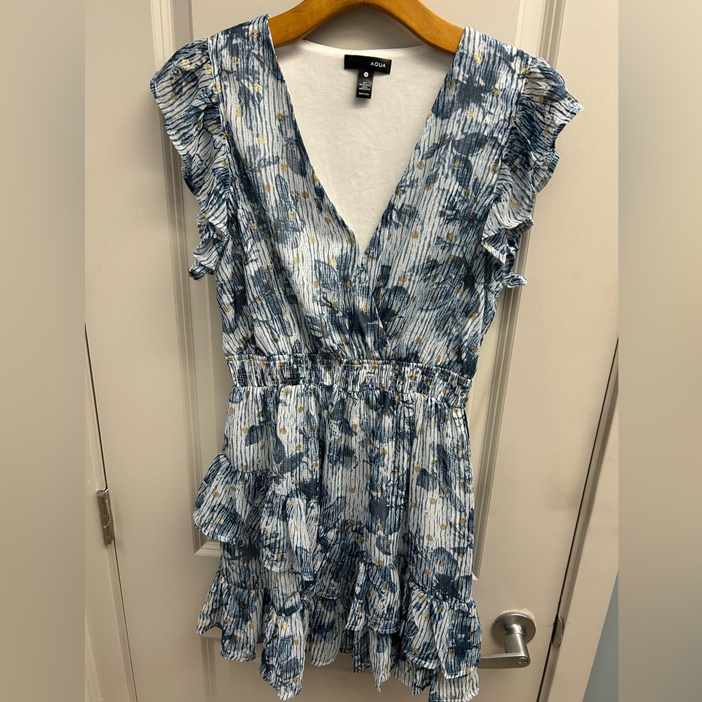 Aqua Blue and White Floral V-Neck Ruffle Mini Dress